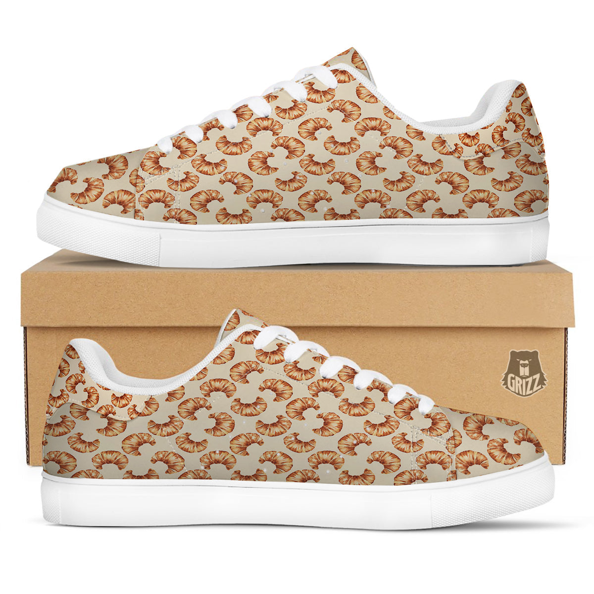 Beige Croissant Watercolor Print Pattern White Low Top Sneakers-grizzshop