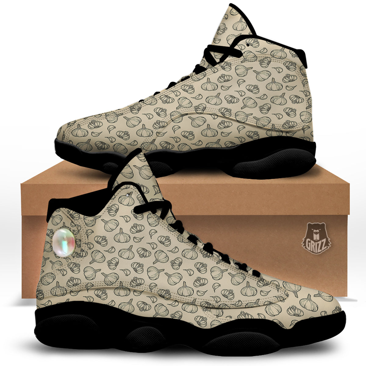 Beige Drawing Garlic Print Pattern Black Basketball Shoes-grizzshop