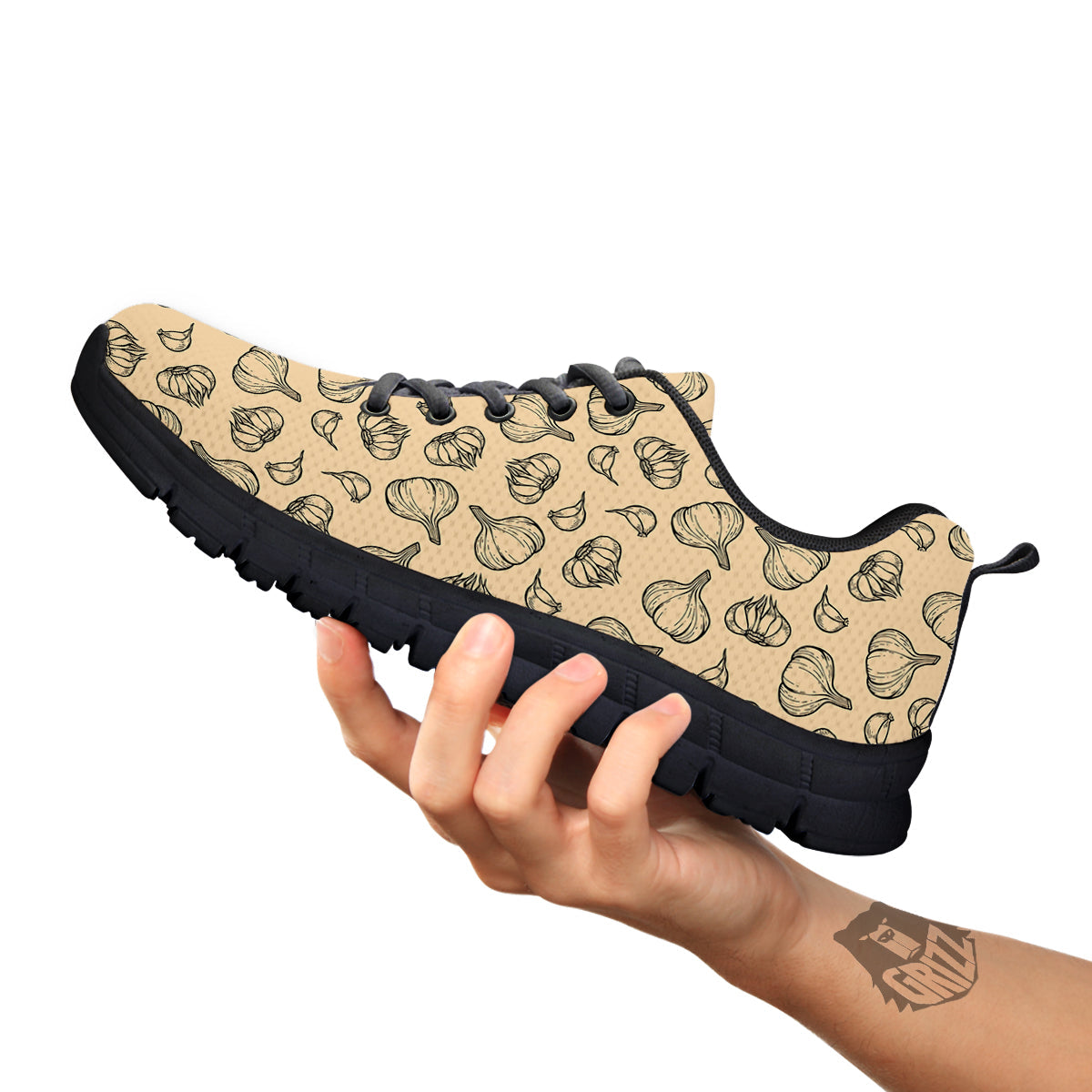 Beige Drawing Garlic Print Pattern Black Sneaker-grizzshop