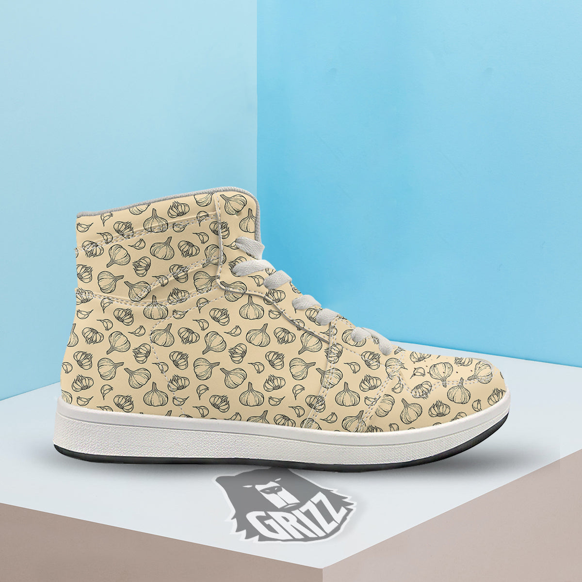 Beige Drawing Garlic Print Pattern High Top Sneakers-grizzshop