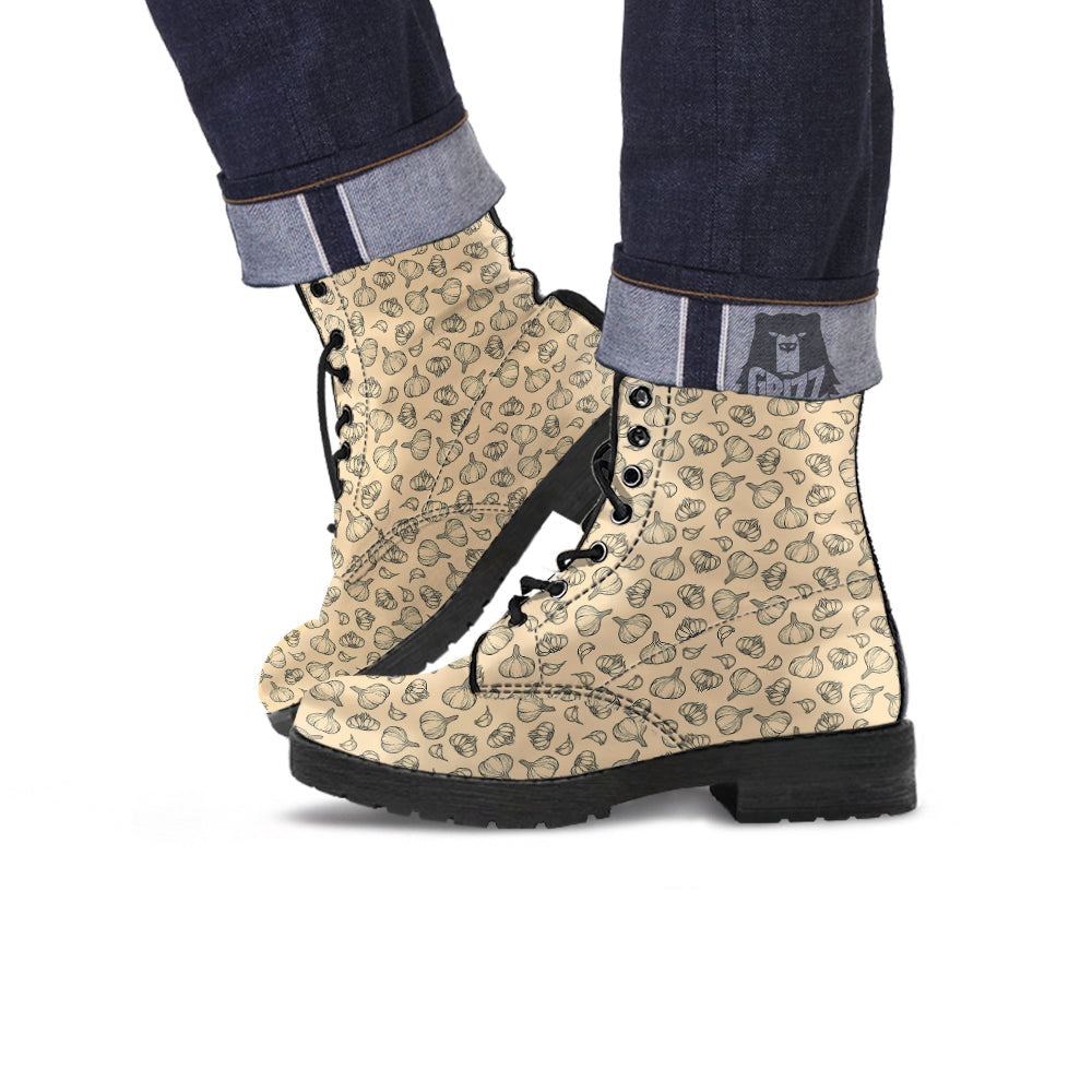 Beige Drawing Garlic Print Pattern Leather Boots-grizzshop