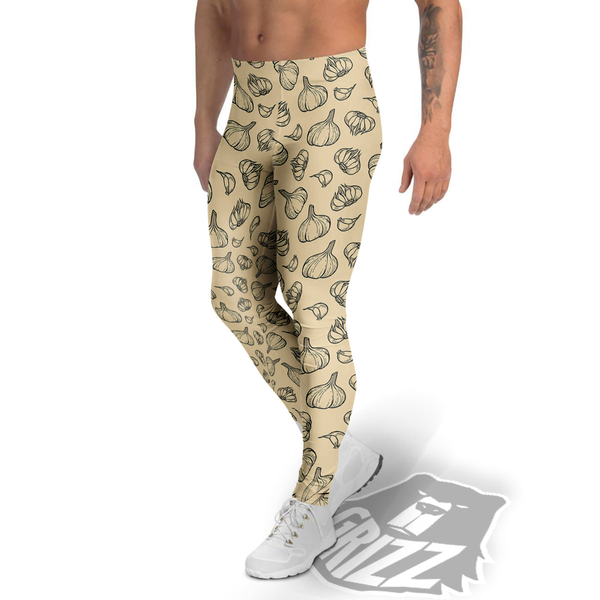 Beige Drawing Garlic Print Pattern Men's Leggings-grizzshop