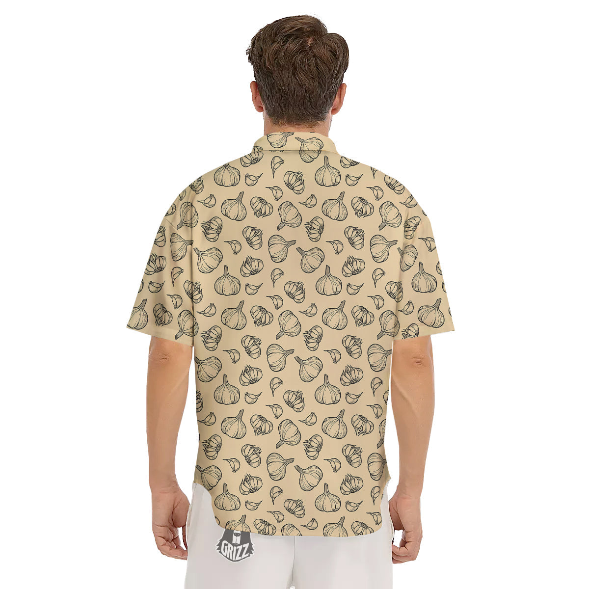 Beige Drawing Garlic Print Pattern Men's Short Sleeve Shirts-grizzshop