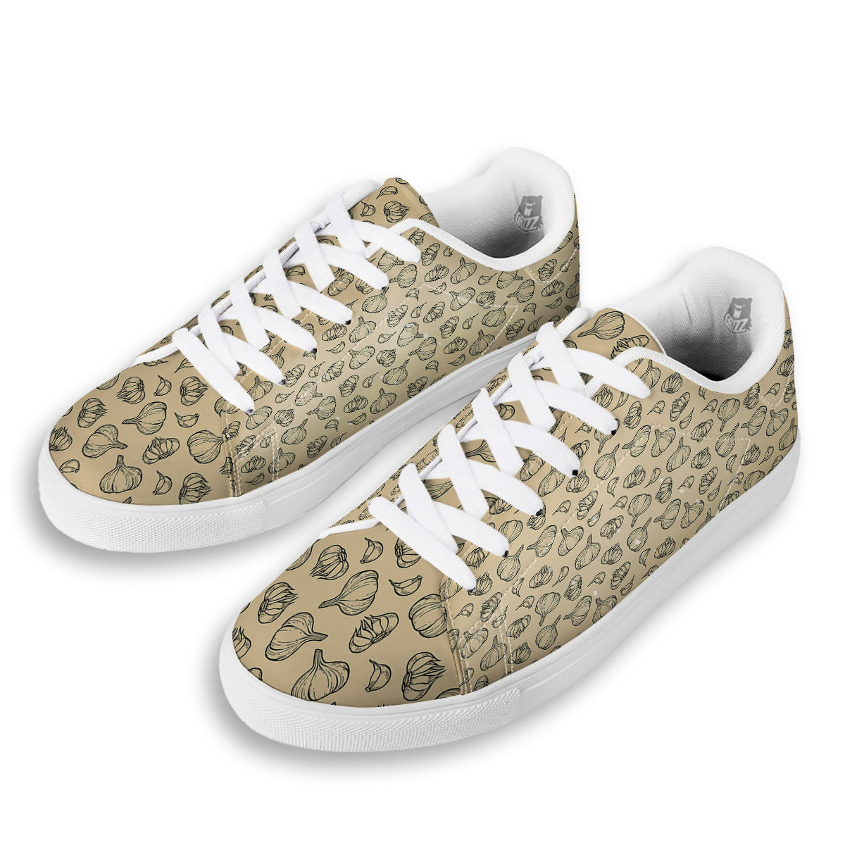 Beige Drawing Garlic Print Pattern White Low Top Sneakers-grizzshop