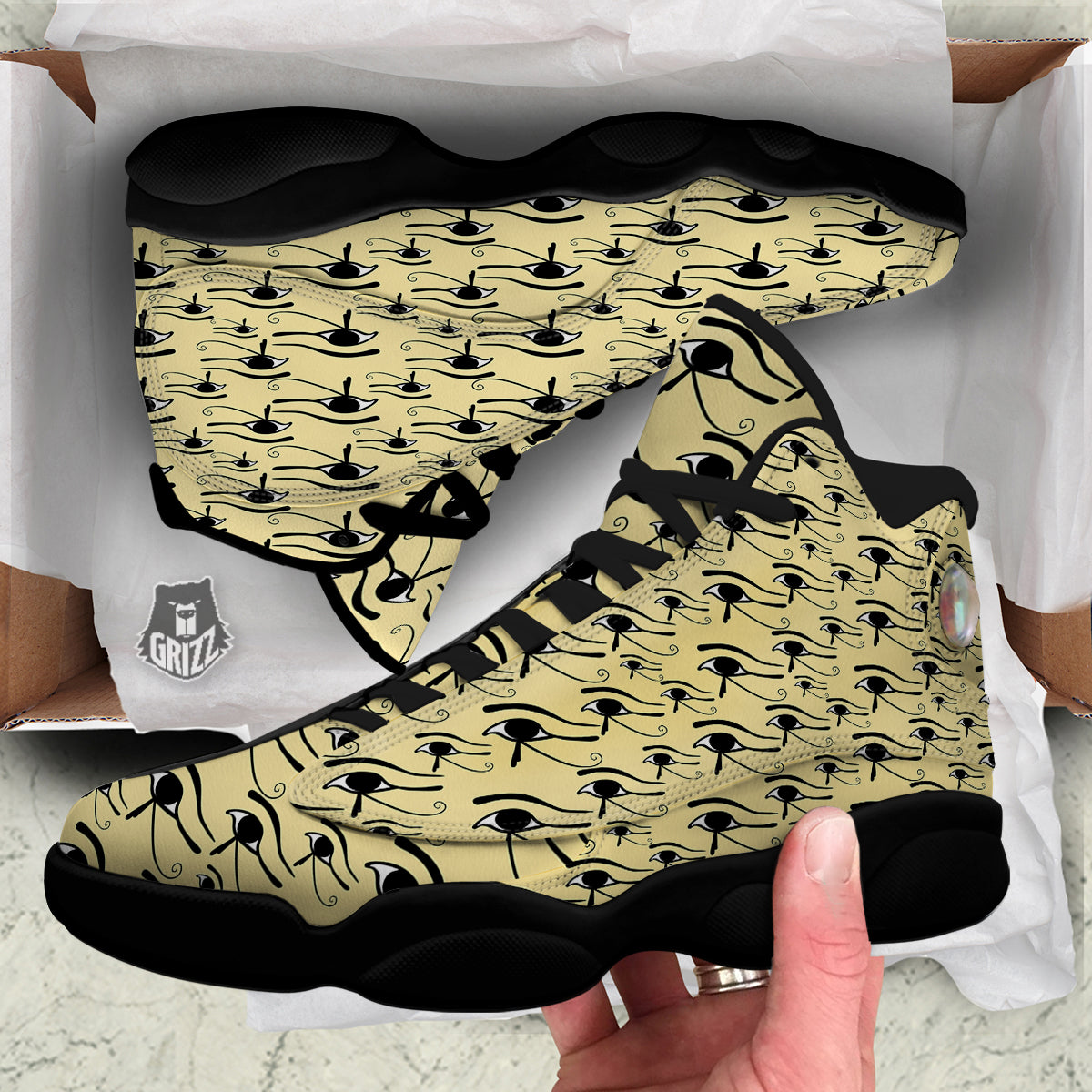 Beige Eye of Horus Print Pattern Black Basketball Shoes-grizzshop