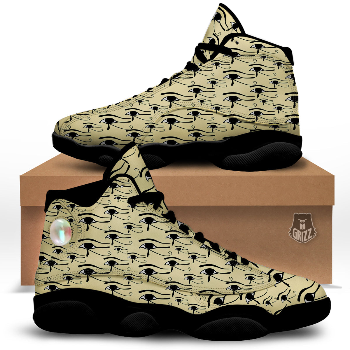 Beige Eye of Horus Print Pattern Black Basketball Shoes-grizzshop