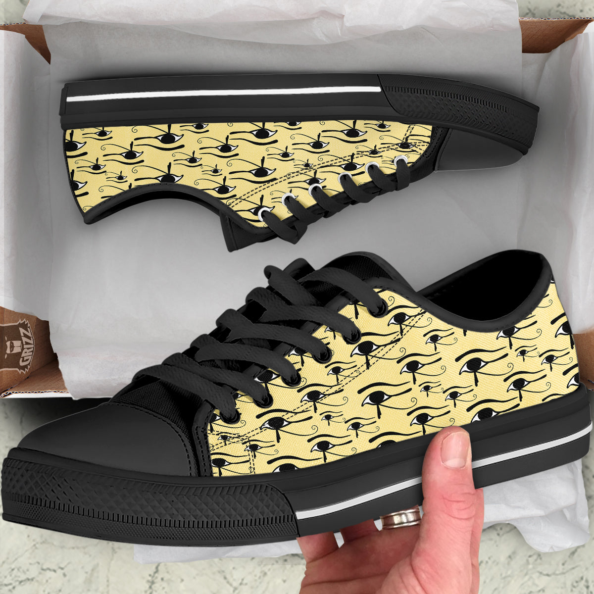 Beige Eye of Horus Print Pattern Black Low Top Shoes-grizzshop