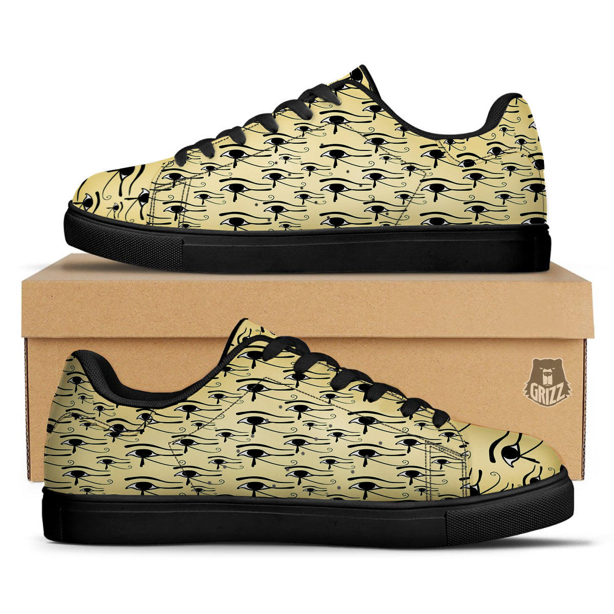 Beige Eye of Horus Print Pattern Black Low Top Sneakers-grizzshop
