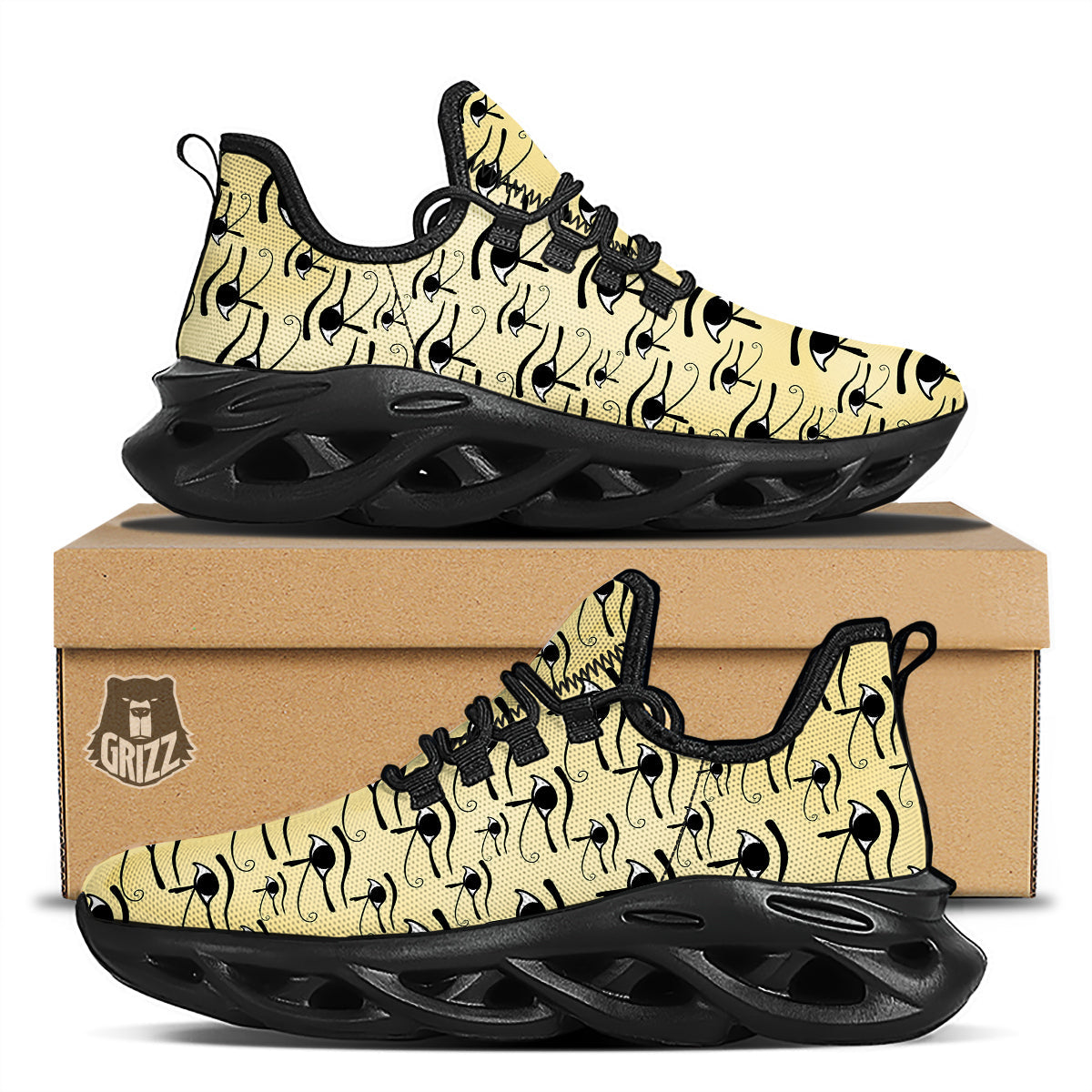 Beige Eye of Horus Print Pattern Black Running Shoes-grizzshop