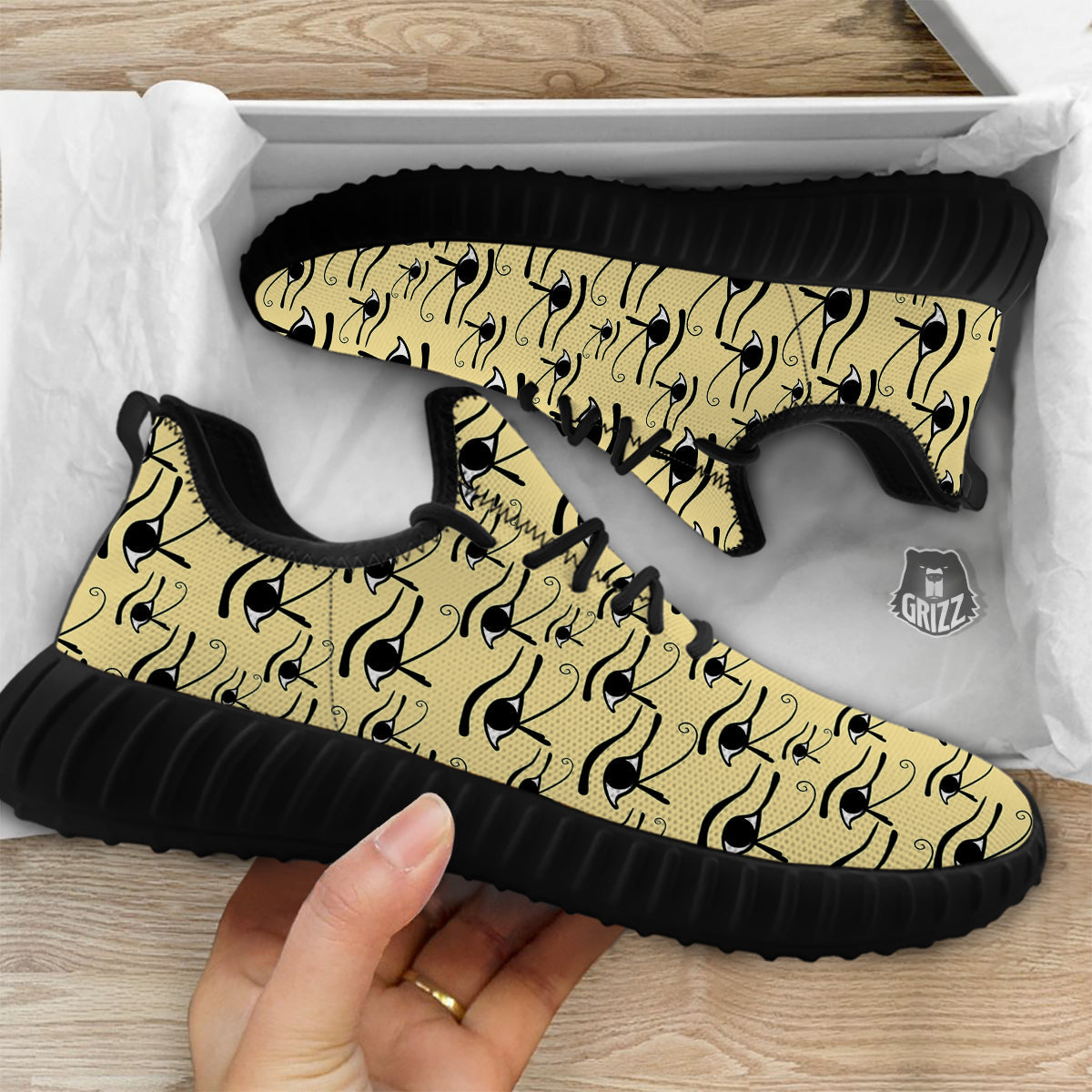 Beige Eye of Horus Print Pattern Black Walking Shoes-grizzshop