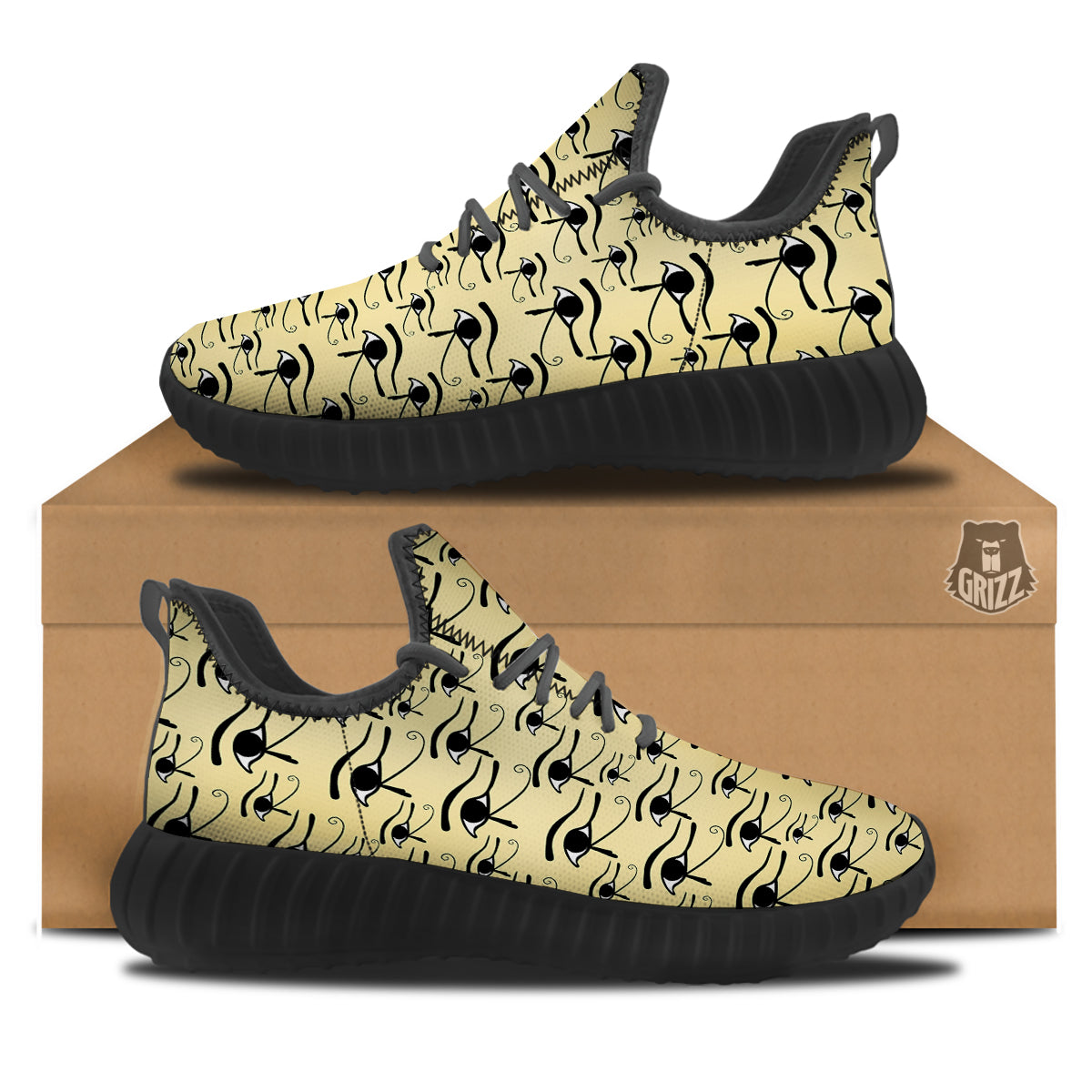 Beige Eye of Horus Print Pattern Black Walking Shoes-grizzshop