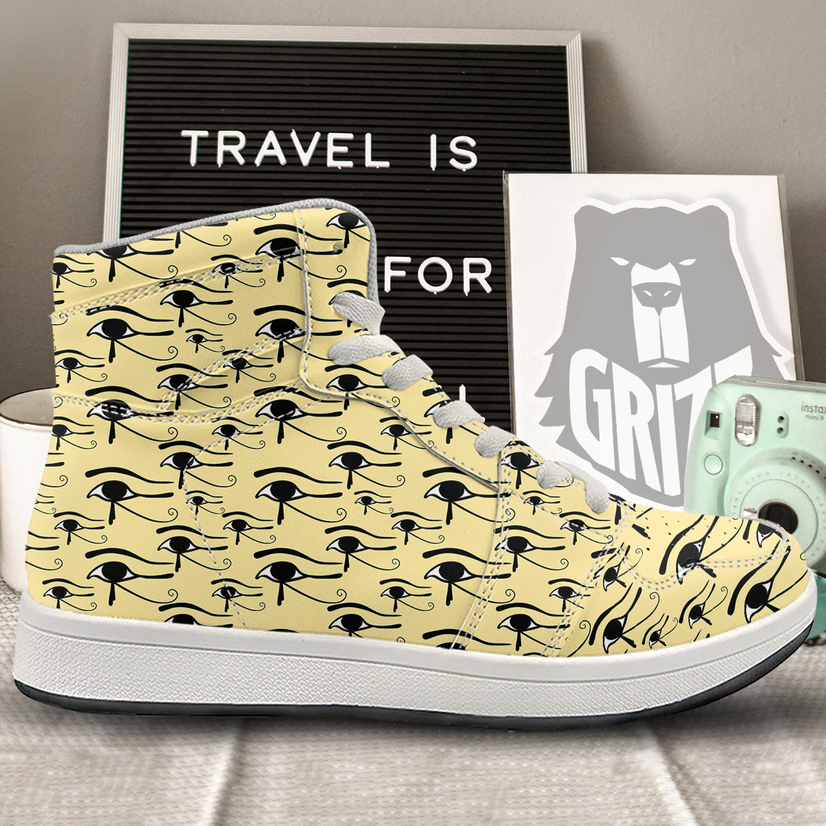 Beige Eye of Horus Print Pattern High Top Sneakers-grizzshop