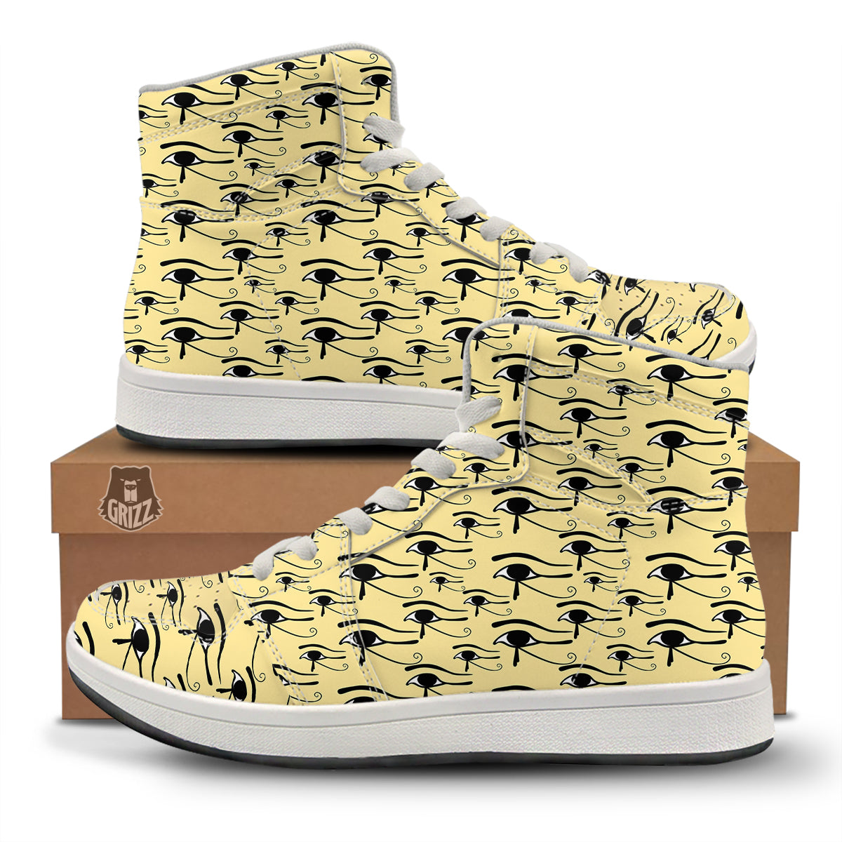 Beige Eye of Horus Print Pattern High Top Sneakers-grizzshop