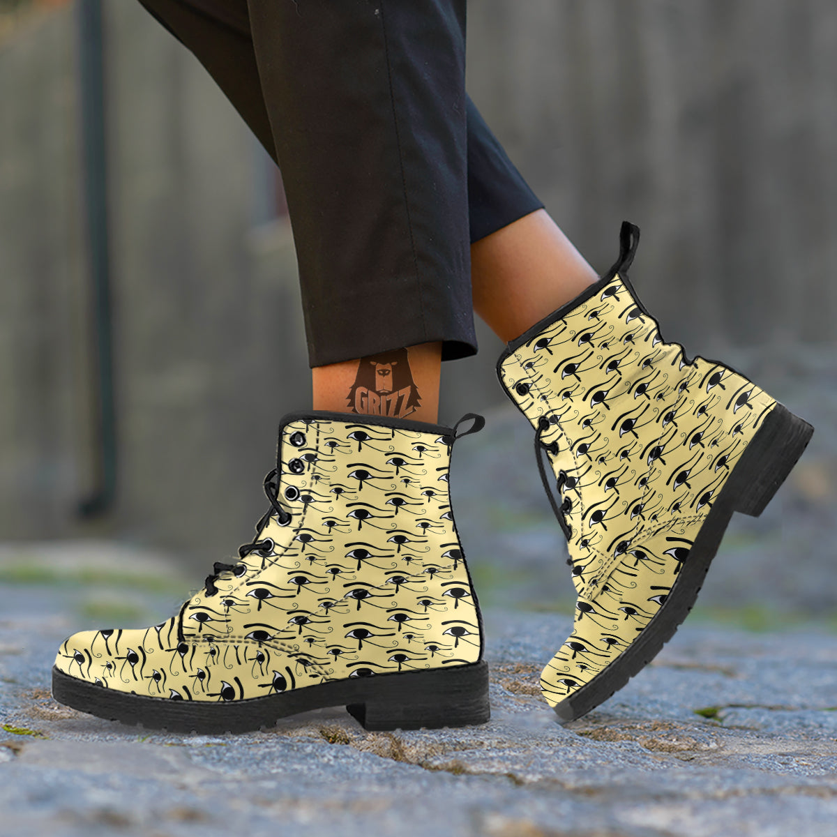 Beige Eye of Horus Print Pattern Leather Boots-grizzshop