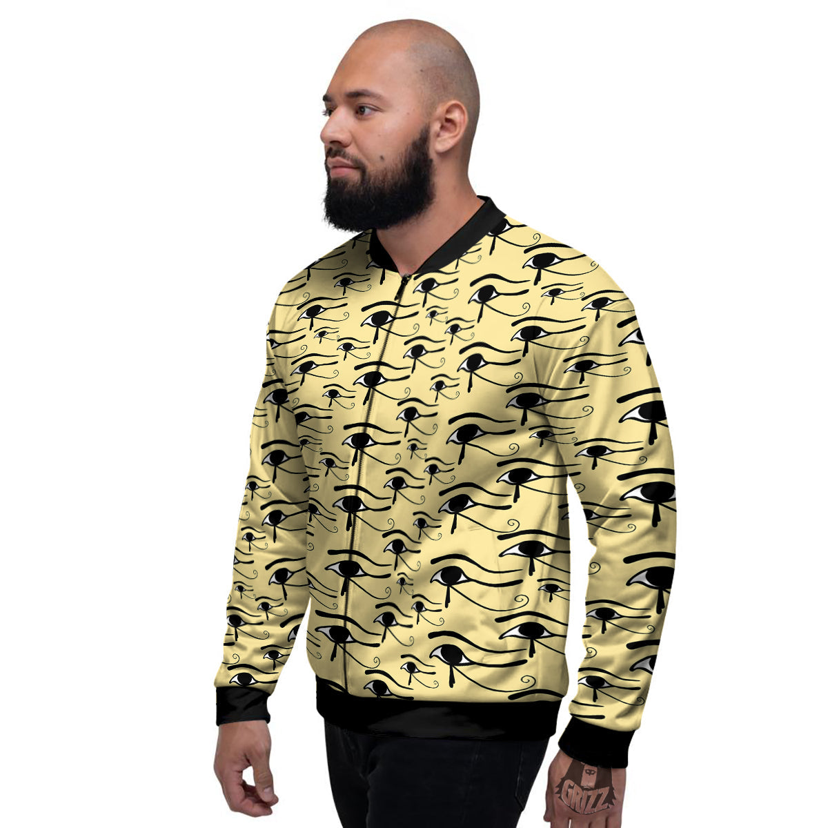 Beige Eye of Horus Print Pattern Men's Bomber Jacket-grizzshop