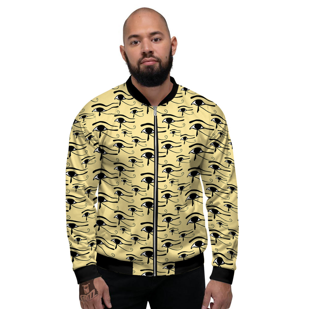 Beige Eye of Horus Print Pattern Men's Bomber Jacket-grizzshop