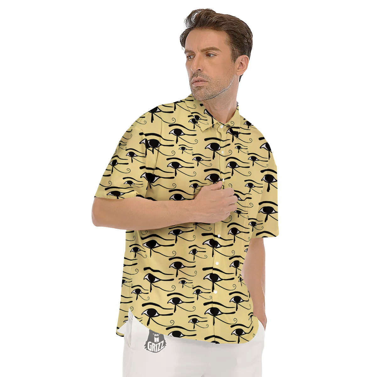 Beige Eye of Horus Print Pattern Men's Short Sleeve Shirts-grizzshop