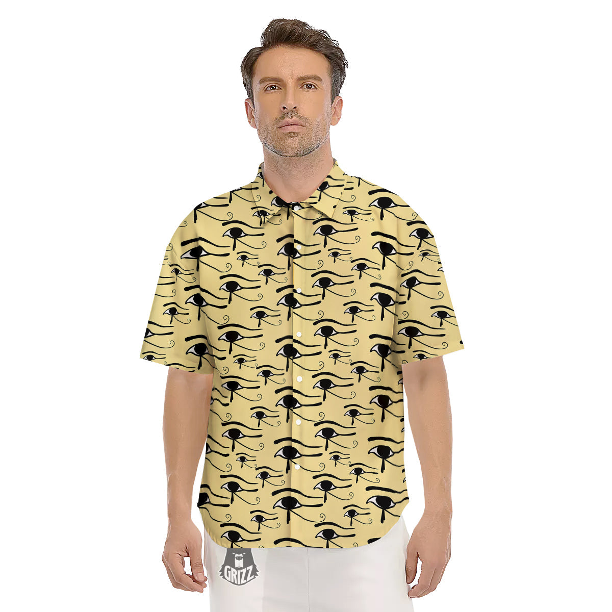 Beige Eye of Horus Print Pattern Men's Short Sleeve Shirts-grizzshop