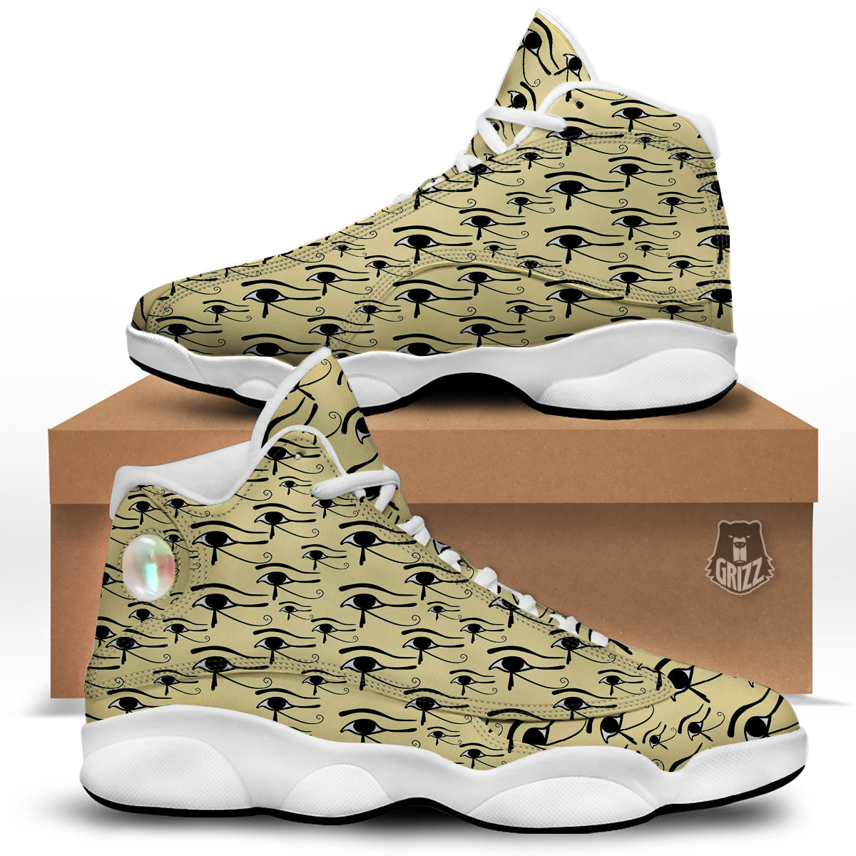 Beige Eye of Horus Print Pattern White Basketball Shoes-grizzshop