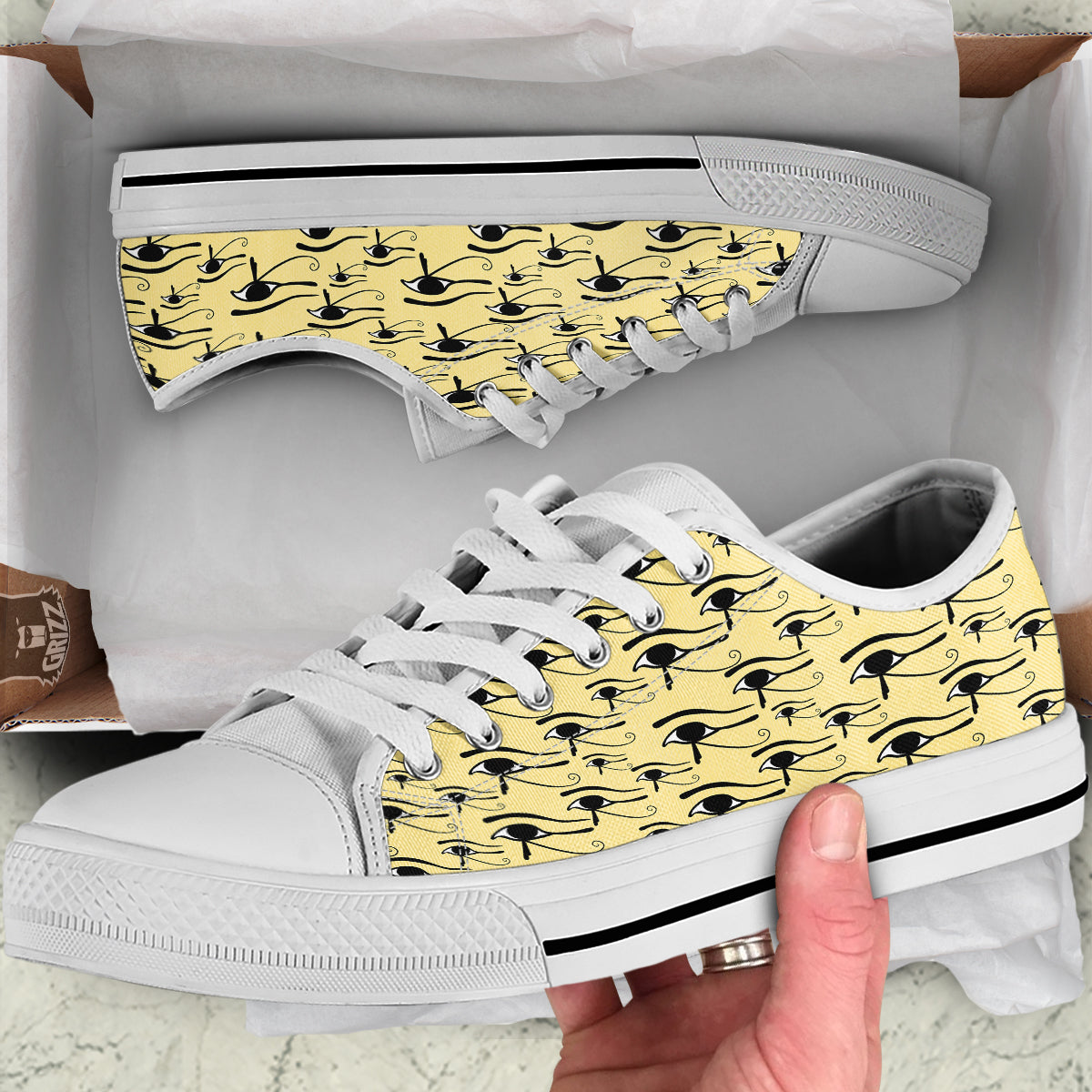 Beige Eye of Horus Print Pattern White Low Top Shoes-grizzshop