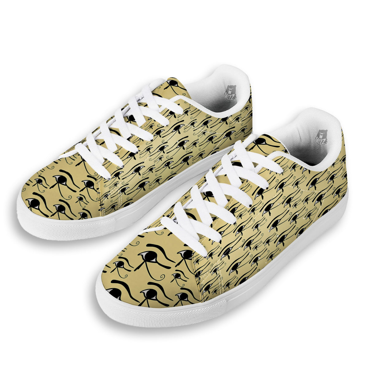 Beige Eye of Horus Print Pattern White Low Top Sneakers-grizzshop