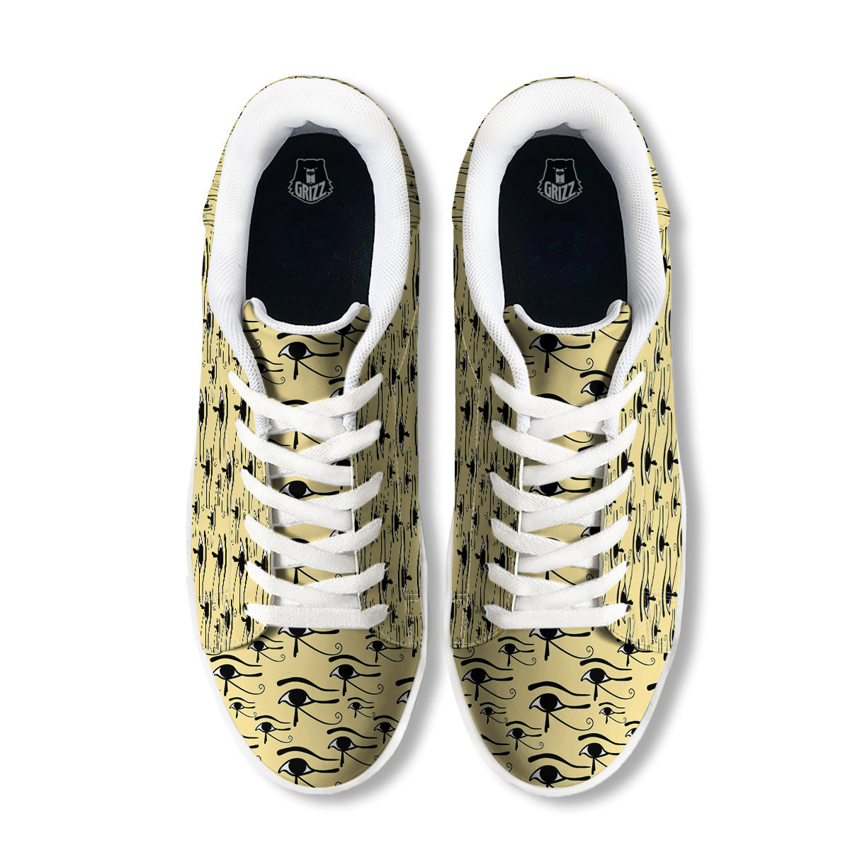 Beige Eye of Horus Print Pattern White Low Top Sneakers-grizzshop