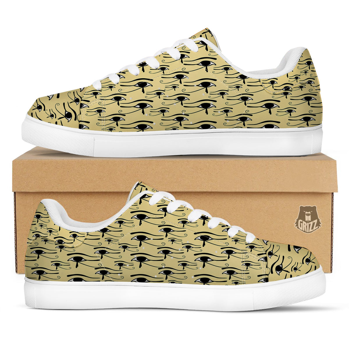Beige Eye of Horus Print Pattern White Low Top Sneakers-grizzshop