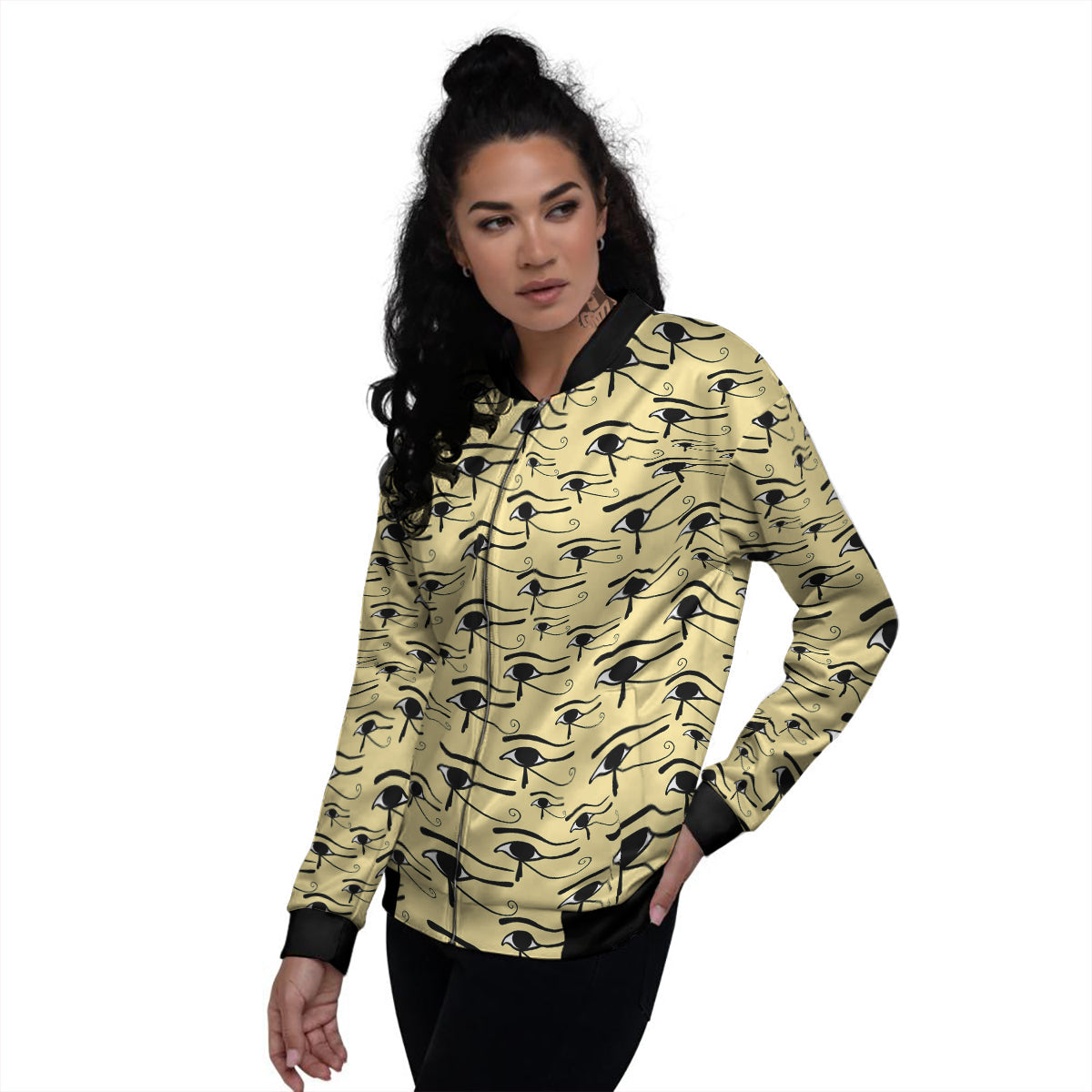 Beige Eye of Horus Print Pattern Women's Bomber Jacket-grizzshop