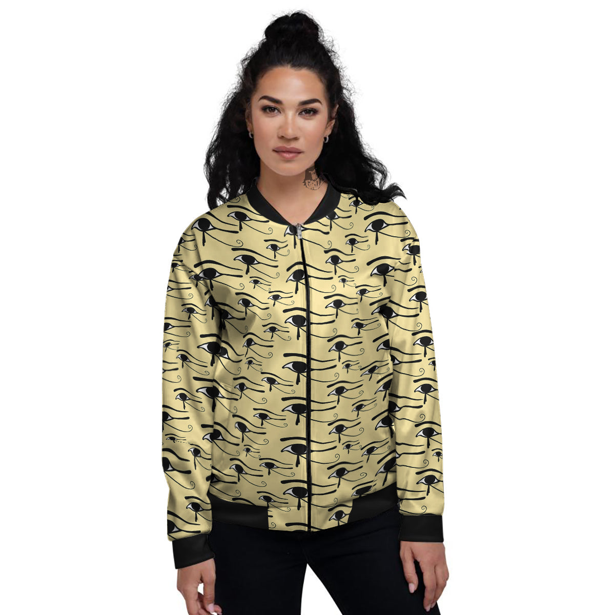 Beige Eye of Horus Print Pattern Women's Bomber Jacket-grizzshop