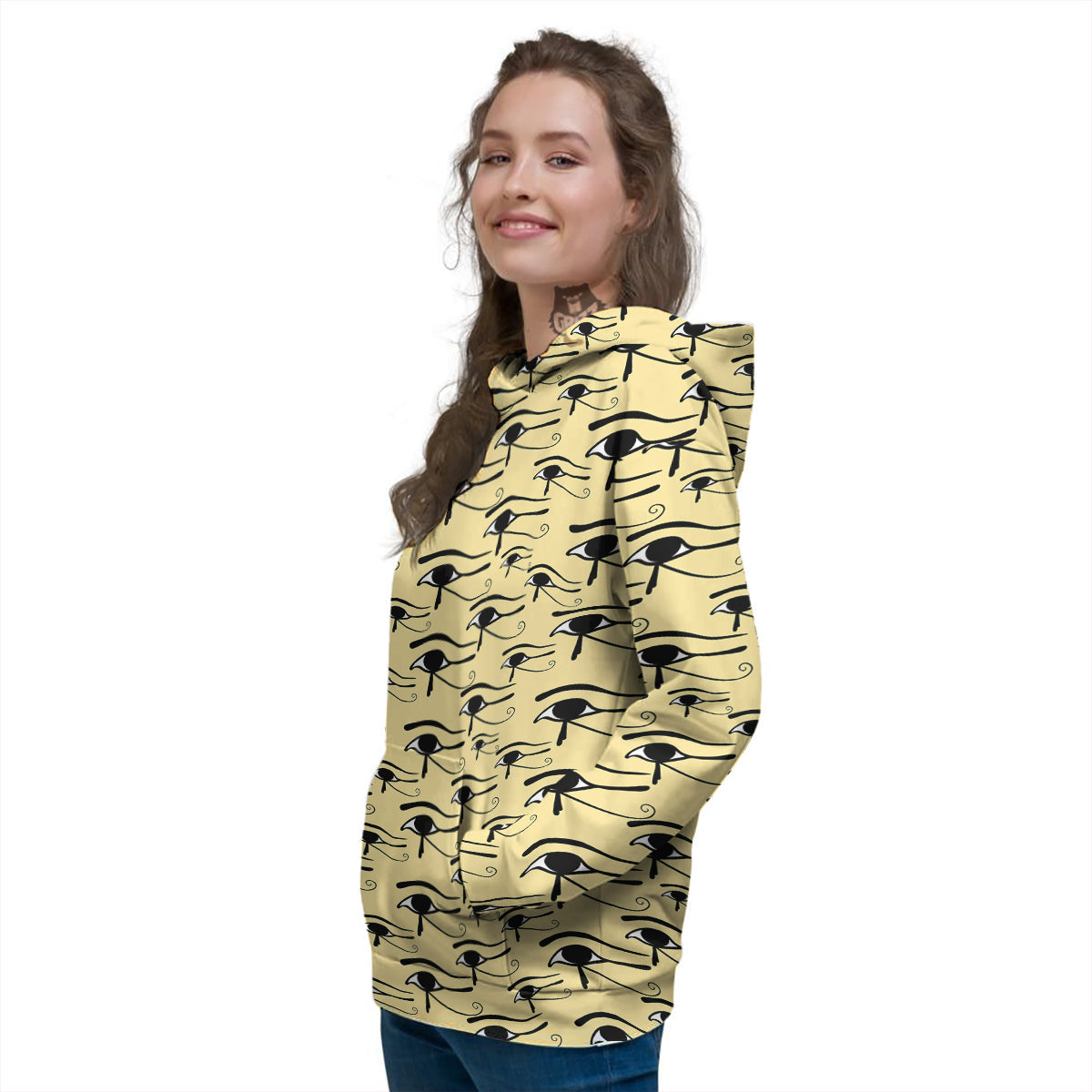 Beige Eye of Horus Print Pattern Women's Hoodie-grizzshop