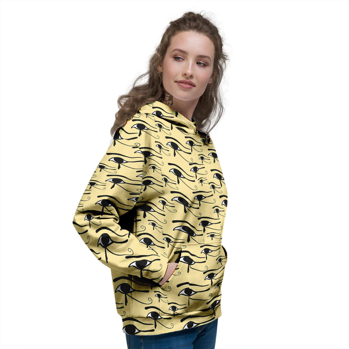 Beige Eye of Horus Print Pattern Women's Hoodie-grizzshop