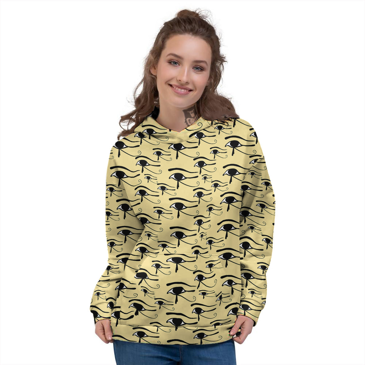 Beige Eye of Horus Print Pattern Women's Hoodie-grizzshop