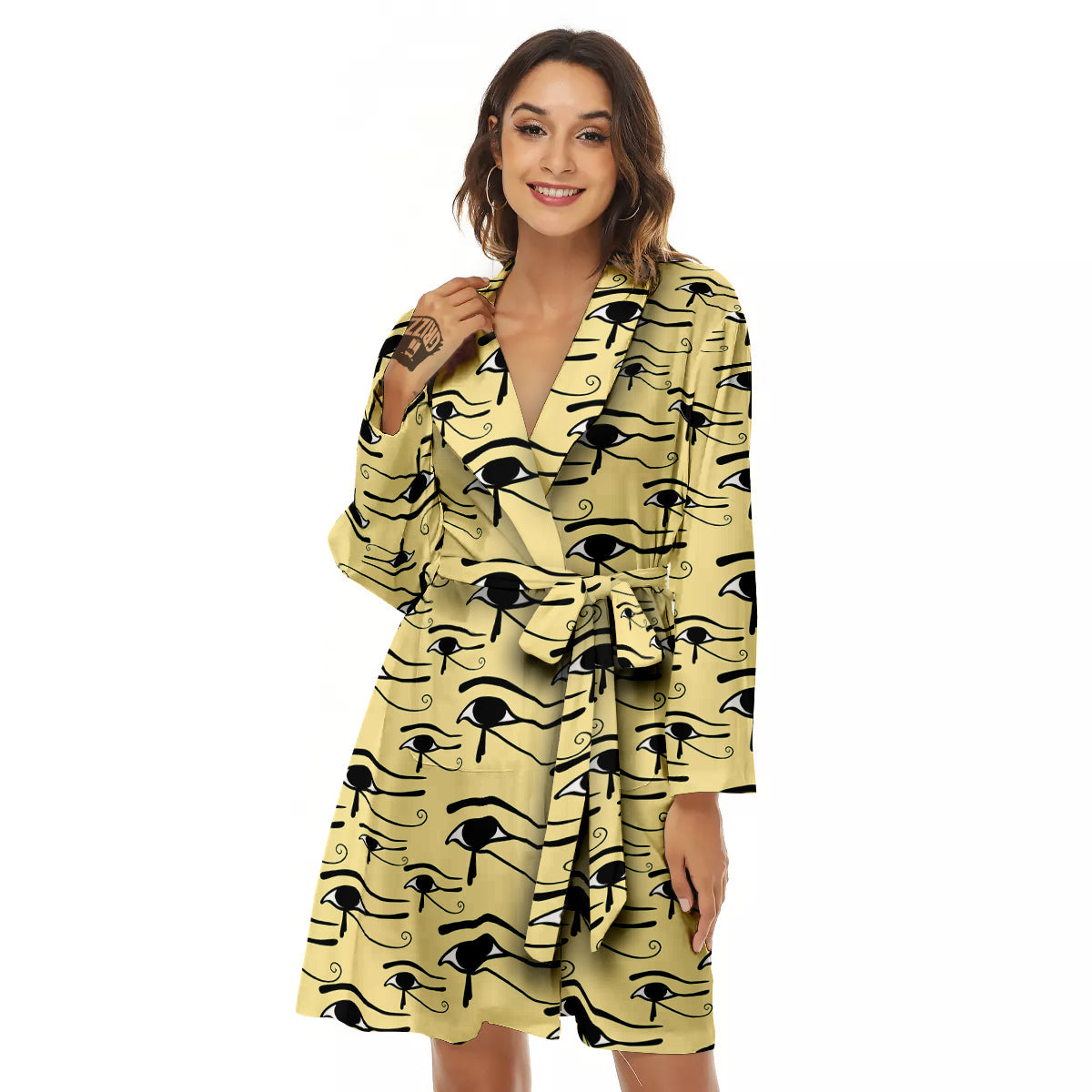 Beige Eye of Horus Print Pattern Women's Robe-grizzshop