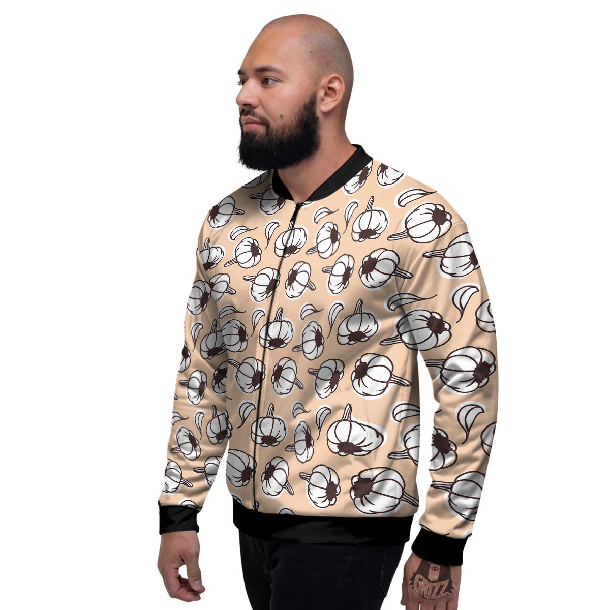Beige Garlic Print Pattern Men's Bomber Jacket-grizzshop