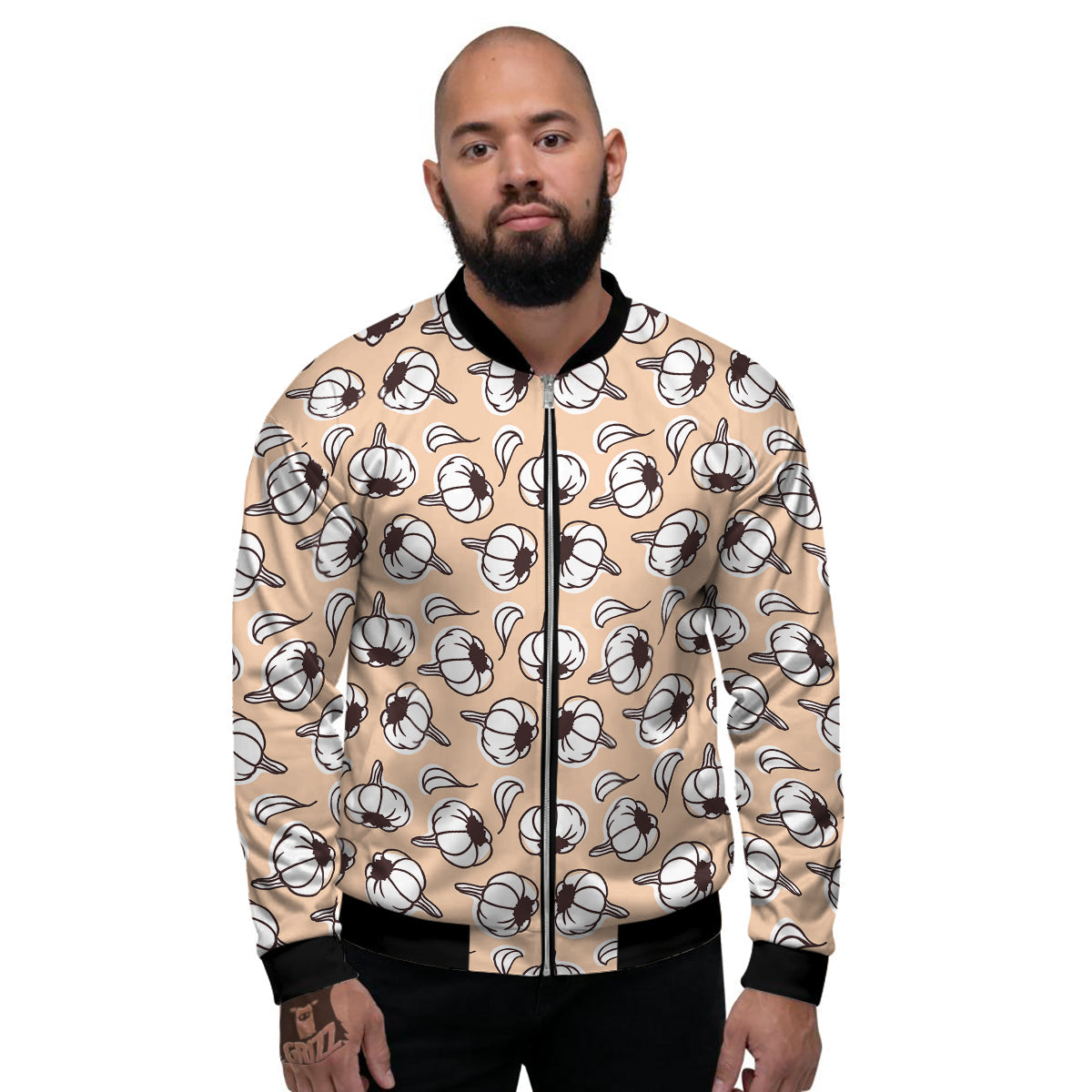 Beige Garlic Print Pattern Men's Bomber Jacket-grizzshop