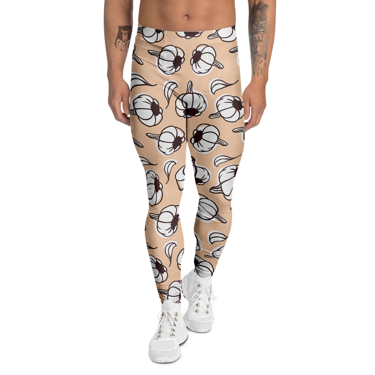 Beige Garlic Print Pattern Men's Leggings-grizzshop