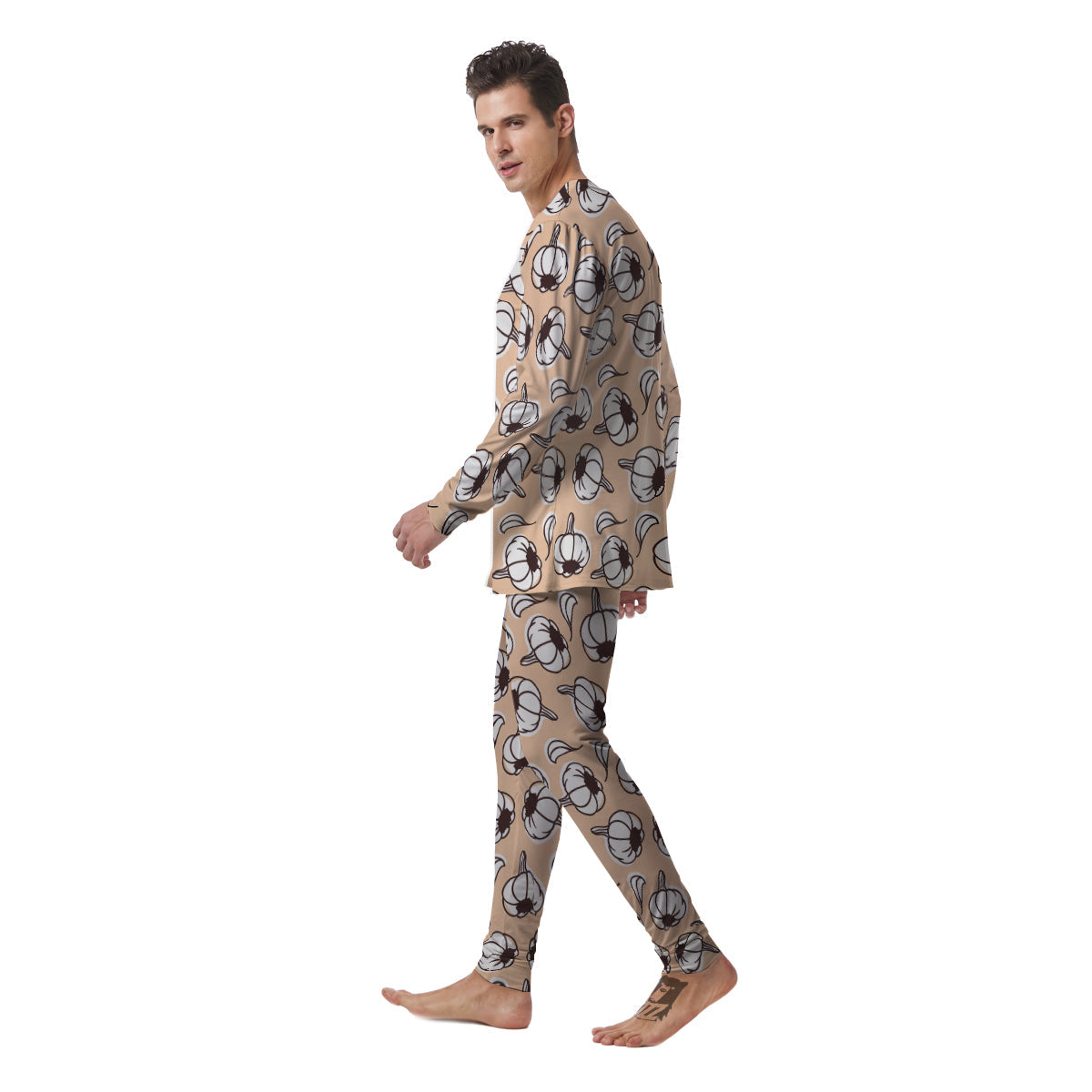 Beige Garlic Print Pattern Men's Pajamas-grizzshop