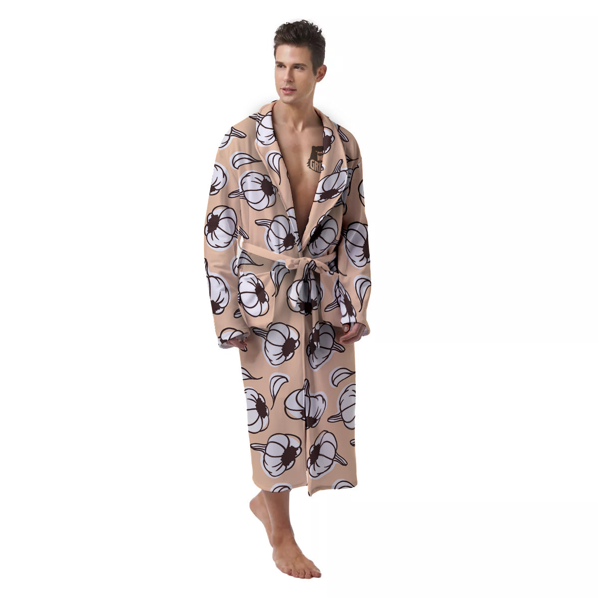 Beige Garlic Print Pattern Men's Robe-grizzshop