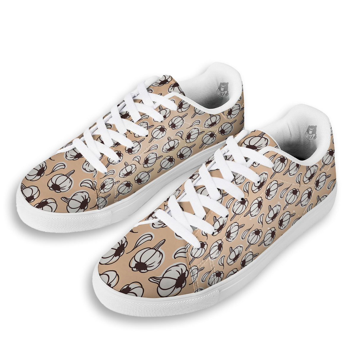 Beige Garlic Print Pattern White Low Top Sneakers-grizzshop