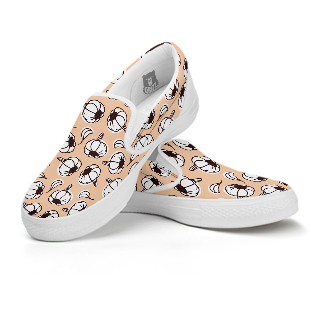 Beige Garlic Print Pattern White Slip On Shoes-grizzshop