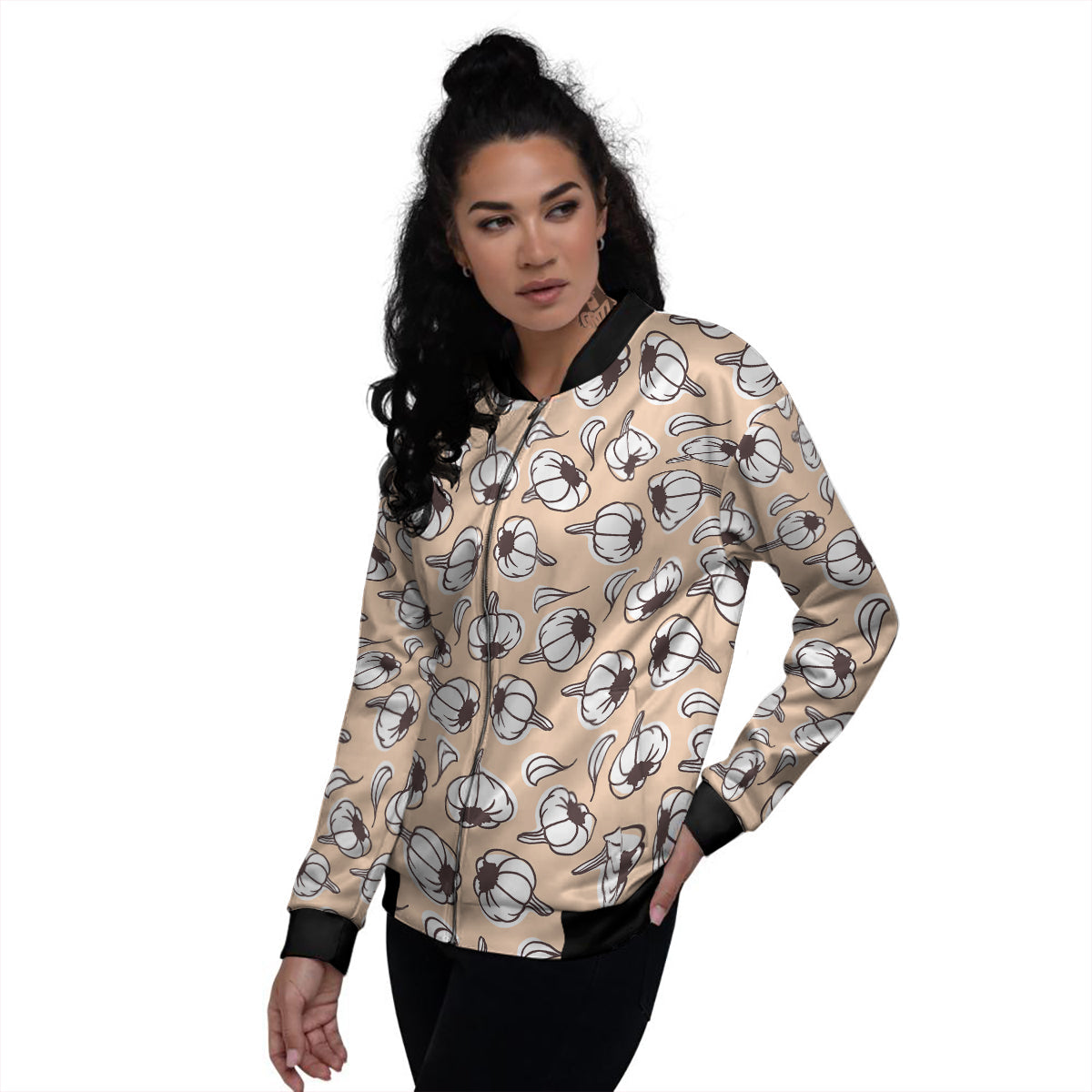 Beige Garlic Print Pattern Women's Bomber Jacket-grizzshop