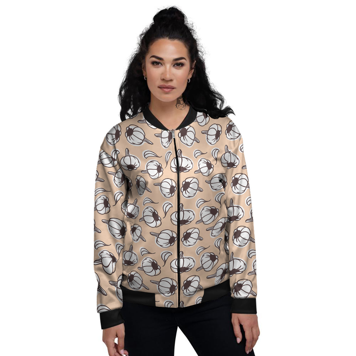 Beige Garlic Print Pattern Women's Bomber Jacket-grizzshop