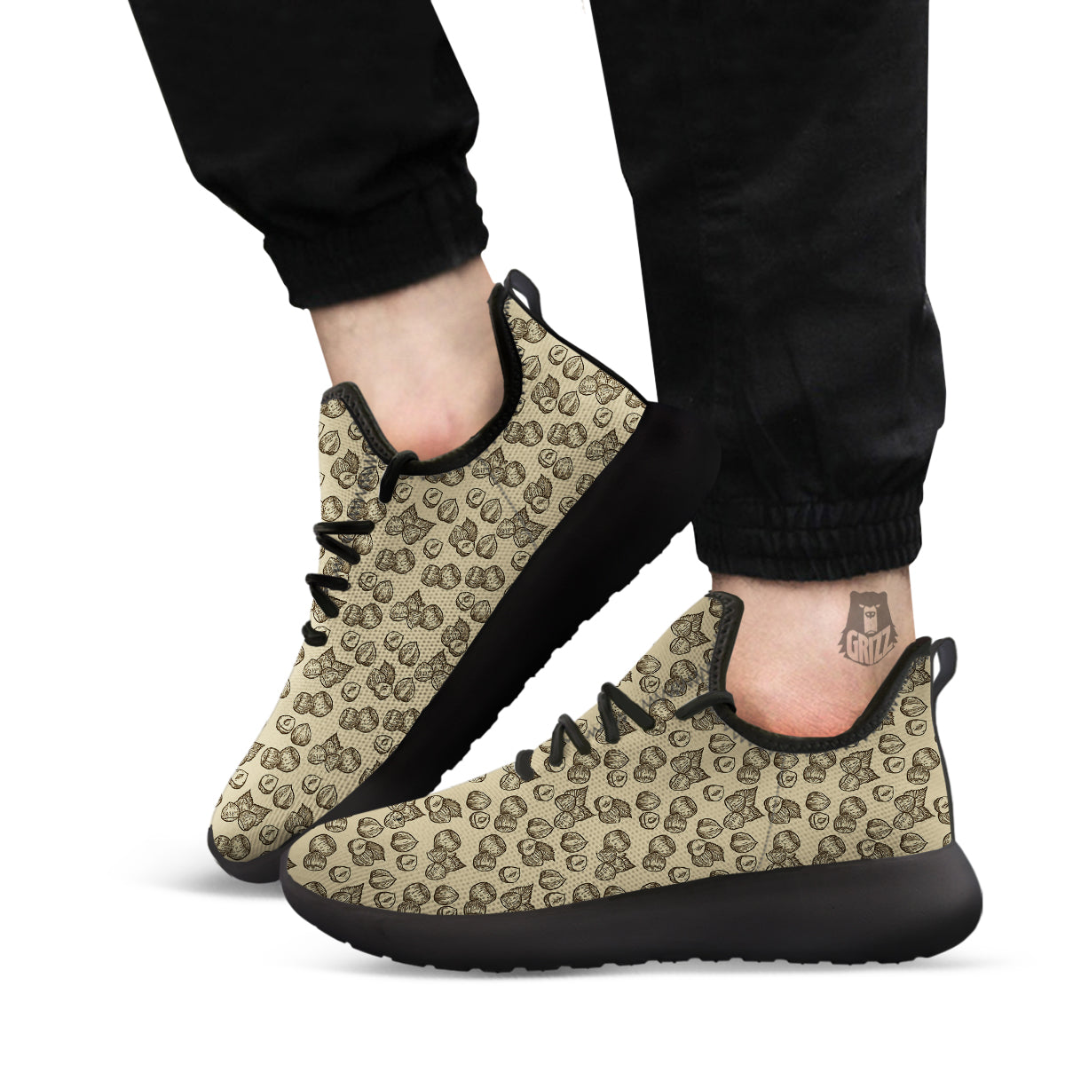 Beige Hazelnuts Print Pattern Black Athletic Shoes-grizzshop