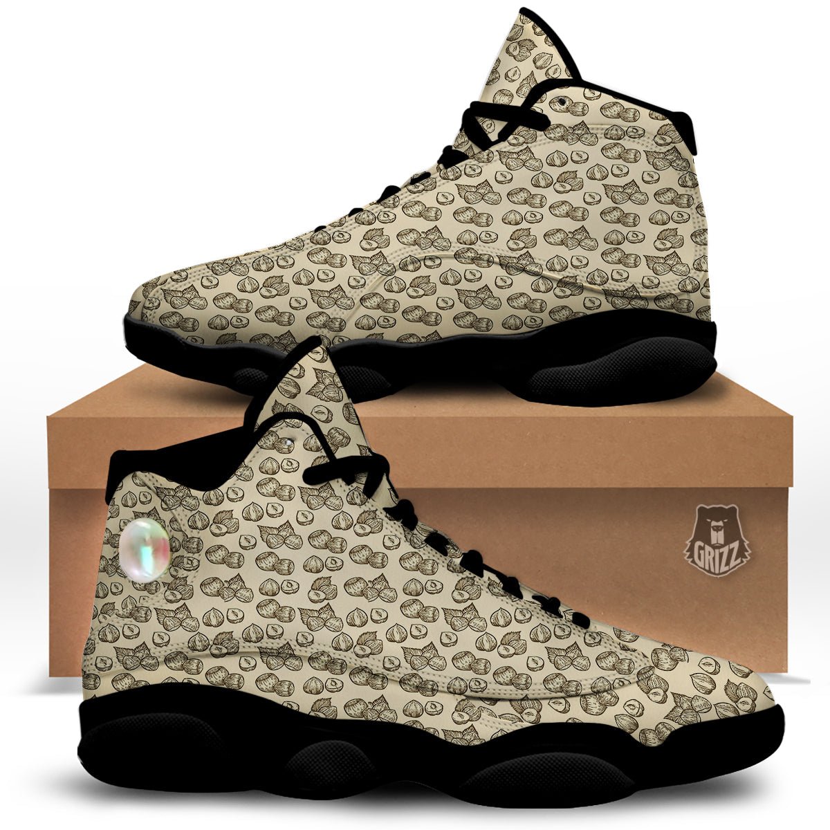 Beige Hazelnuts Print Pattern Black Basketball Shoes-grizzshop