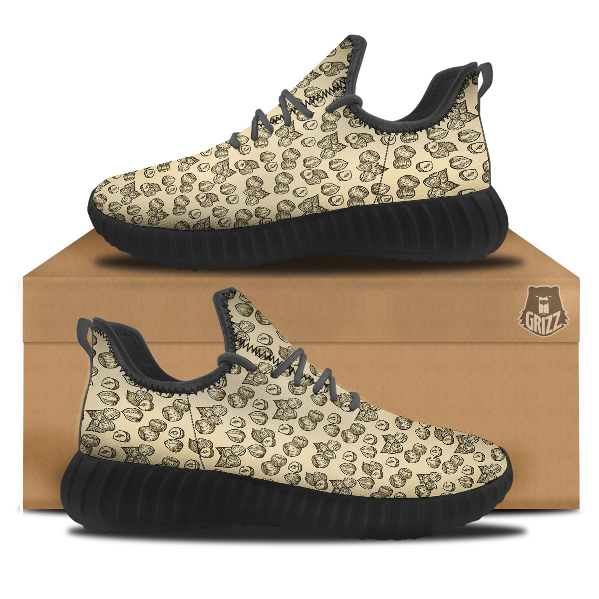 Beige Hazelnuts Print Pattern Black Walking Shoes-grizzshop