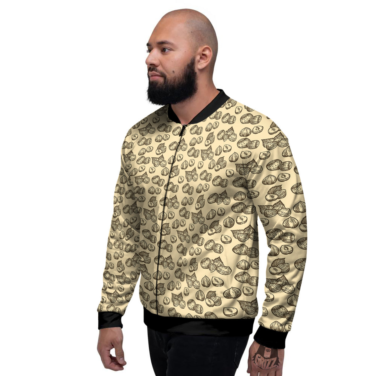 Beige Hazelnuts Print Pattern Men's Bomber Jacket-grizzshop