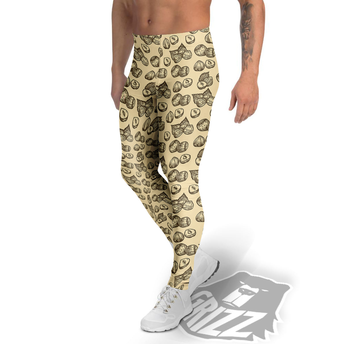 Beige Hazelnuts Print Pattern Men's Leggings-grizzshop