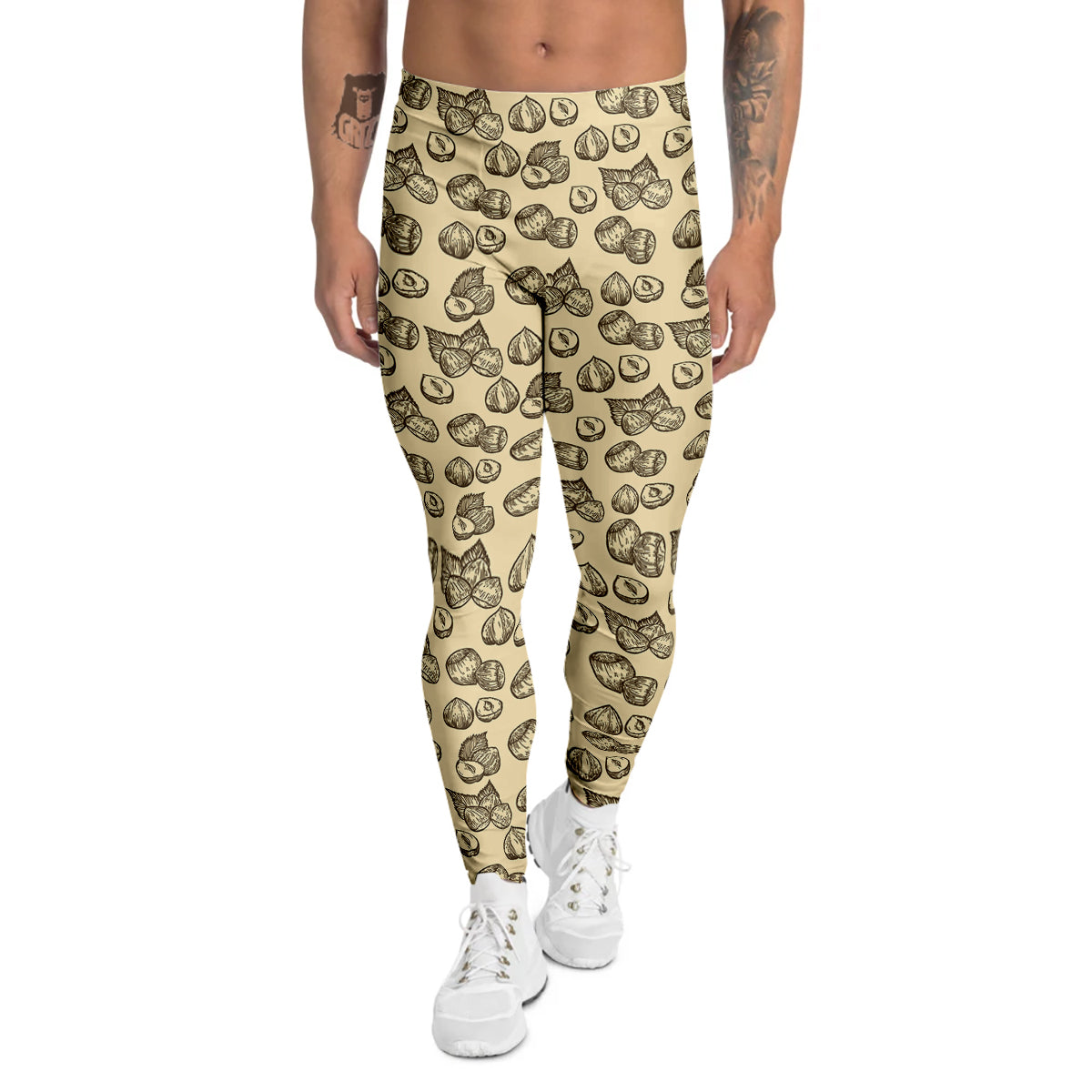 Beige Hazelnuts Print Pattern Men's Leggings-grizzshop