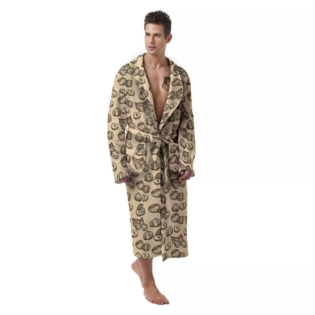 Beige Hazelnuts Print Pattern Men's Robe-grizzshop