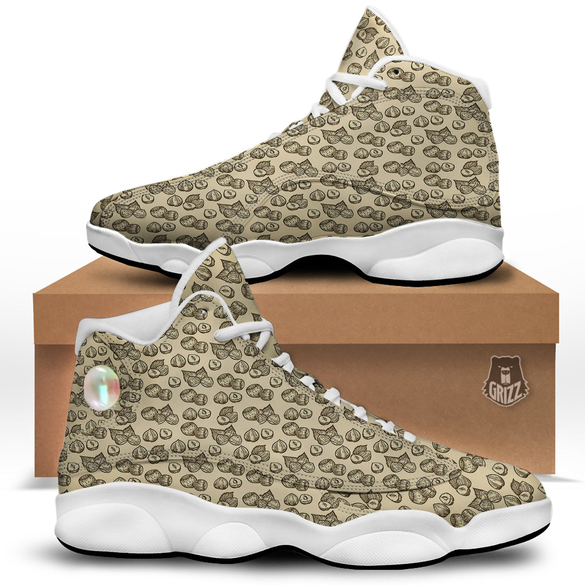 Beige Hazelnuts Print Pattern White Basketball Shoes-grizzshop